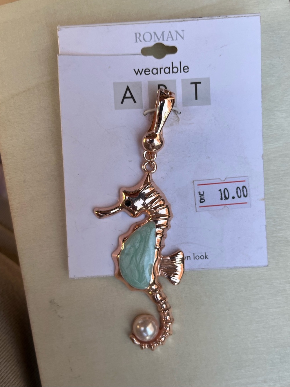 Roma Gold-Tone Seahorse Necklace with Mint Green Stone and Pearl Accent